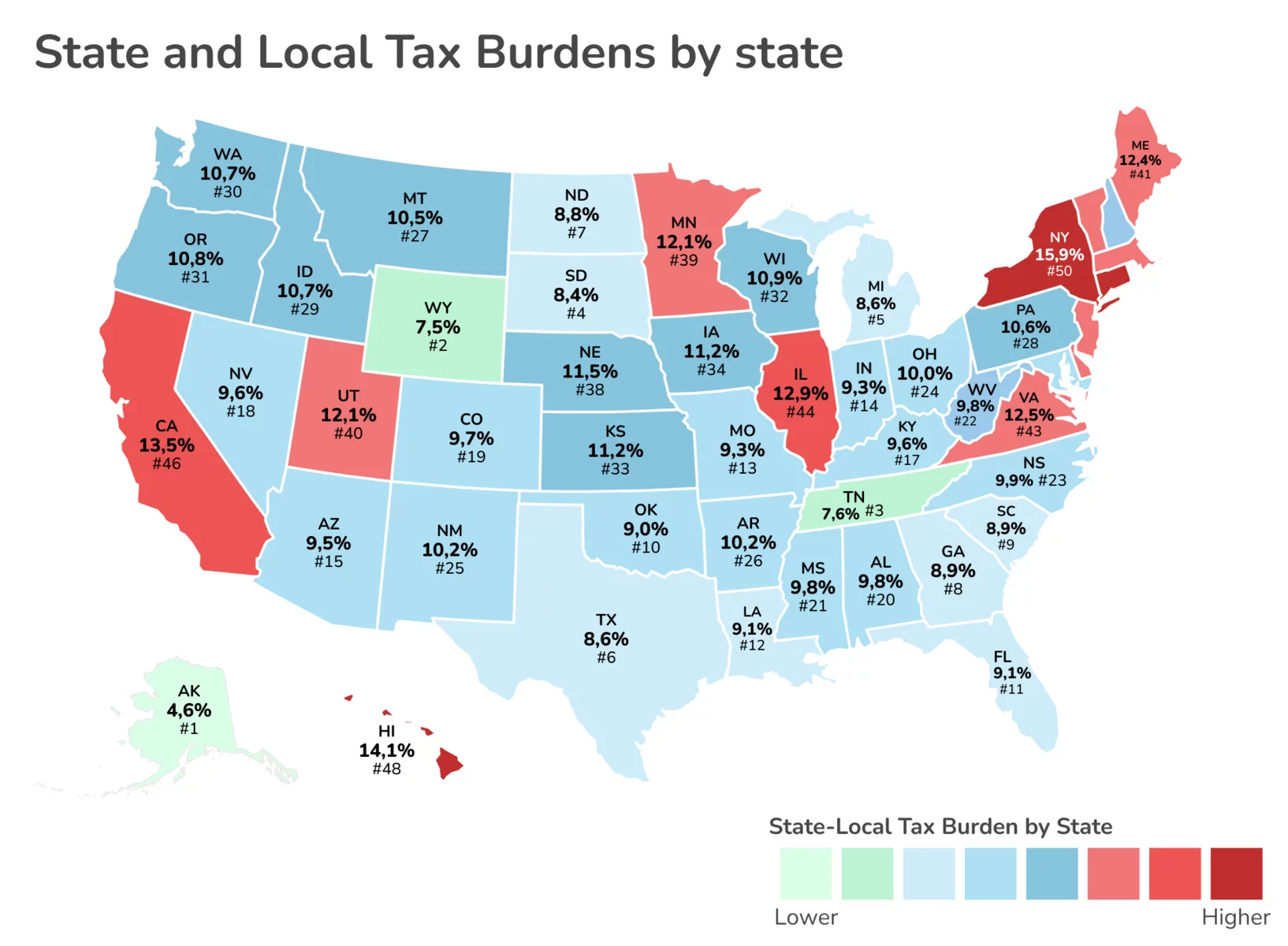 State and local tax burdens by state, map