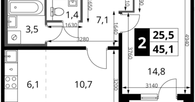 2 room apartment in Khimki, Russia