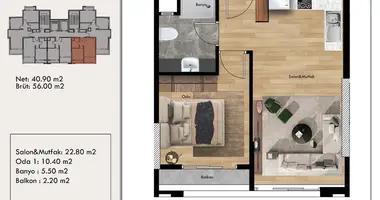 1 bedroom apartment in Mezitli, Turkey