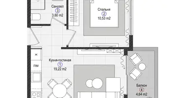 Квартира 1 комната в Газипаша, Турция