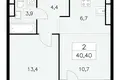 2 room apartment 40 m² Moscow, Russia