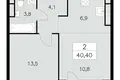 2 room apartment 40 m² Moscow, Russia