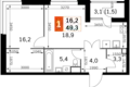 2 room apartment 49 m² Moscow, Russia