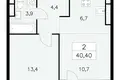 2 room apartment 40 m² Moscow, Russia