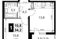 1 room apartment 34 m² Leninsky District, Russia