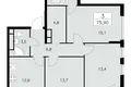 3 room apartment 76 m² Moscow, Russia