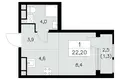 1 room apartment 22 m² Moscow, Russia