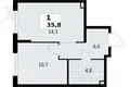 1 room apartment 36 m² Krasnoye Selo, Russia