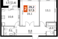 Квартира 2 комнаты 56 м² Москва, Россия
