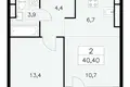 2 room apartment 40 m² Moscow, Russia
