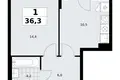 1 room apartment 36 m² Troitsk, Russia