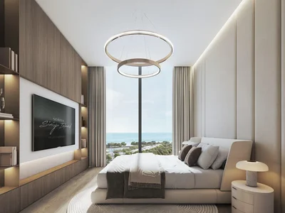 Wohnanlage New Selene Beach Residences with a lagoon, a swimming pool and parks, Al Seanneeah, Dubai, UAE