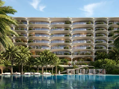 Residential complex Modern oceanfront design apartments with balconies, terraces and swimming pools, Palm Jumeirah, Dubai, UAE