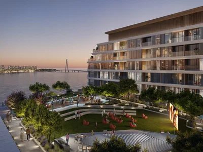 Wohnanlage New Selene Beach Residences with a lagoon, a swimming pool and parks, Al Seanneeah, Dubai, UAE