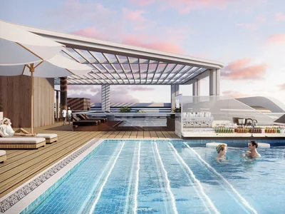 Complejo residencial New Tivano Residence with swimming pools and lounge areas near the beach, Dubai Islands, Dubai, UAE