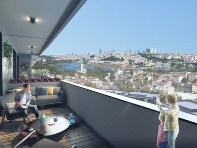 Wohnanlage Apartments in a residential complex with a pool and a view of the Golden Horn Bay, Istanbul, Turkey
