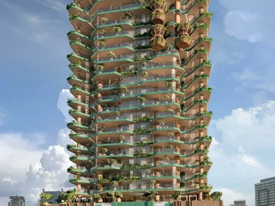 Residential complex New residence Eywa with swimming pools, lounge areas and waterfalls on the bank of the canal, Business Bay, Dubai, UAE