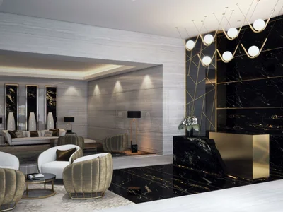 Wohnanlage Reva Residences residential complex with views of the city, park, and water channel, Business Bay, Dubai, UAE